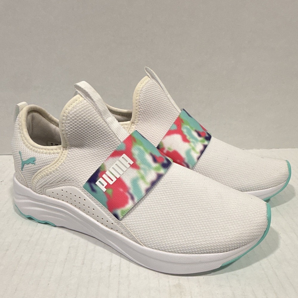 PUMA Women's 8.5 reg SlipOn Athletic Sneakers White/Multicolor Strap  377261-01